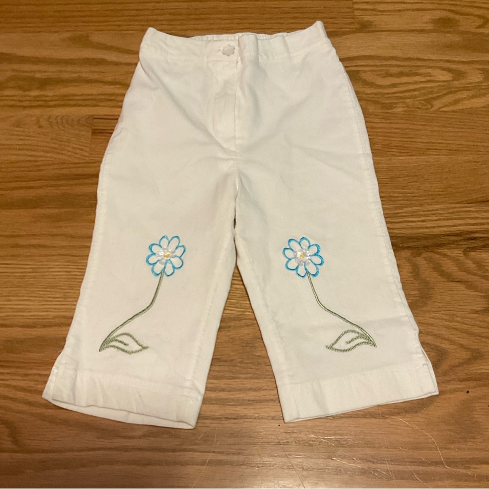 White Girls Floral Embroidered Pants with Flower Button Elastic Waist and Zipper